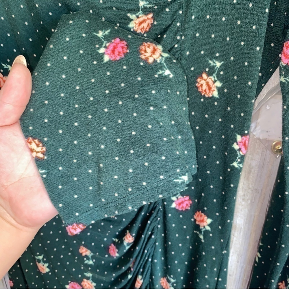 Free People Cecilia Floral Mini Dress Emerald Green Square Neck Ruched Bodycon L - Picture 8 of 9